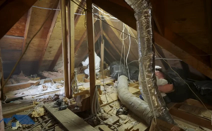 Attic with damaged insulation and debris before rodent restoration