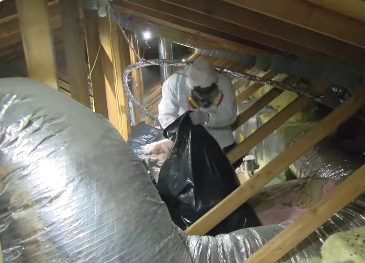 Worker in a protective suit bagging contaminated attic insulation