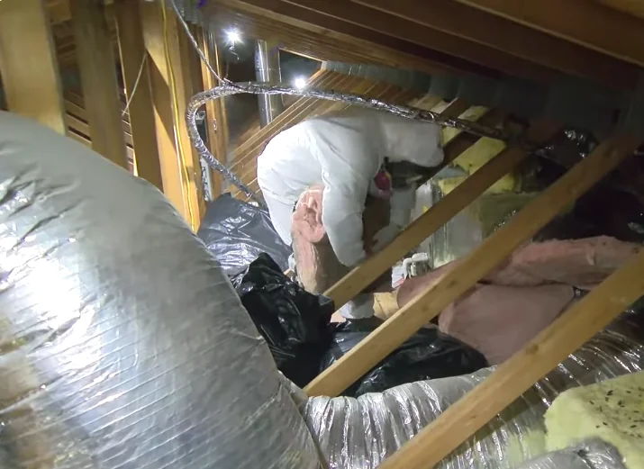 Technician in protective suit removing rodent-contaminated insulation from an attic